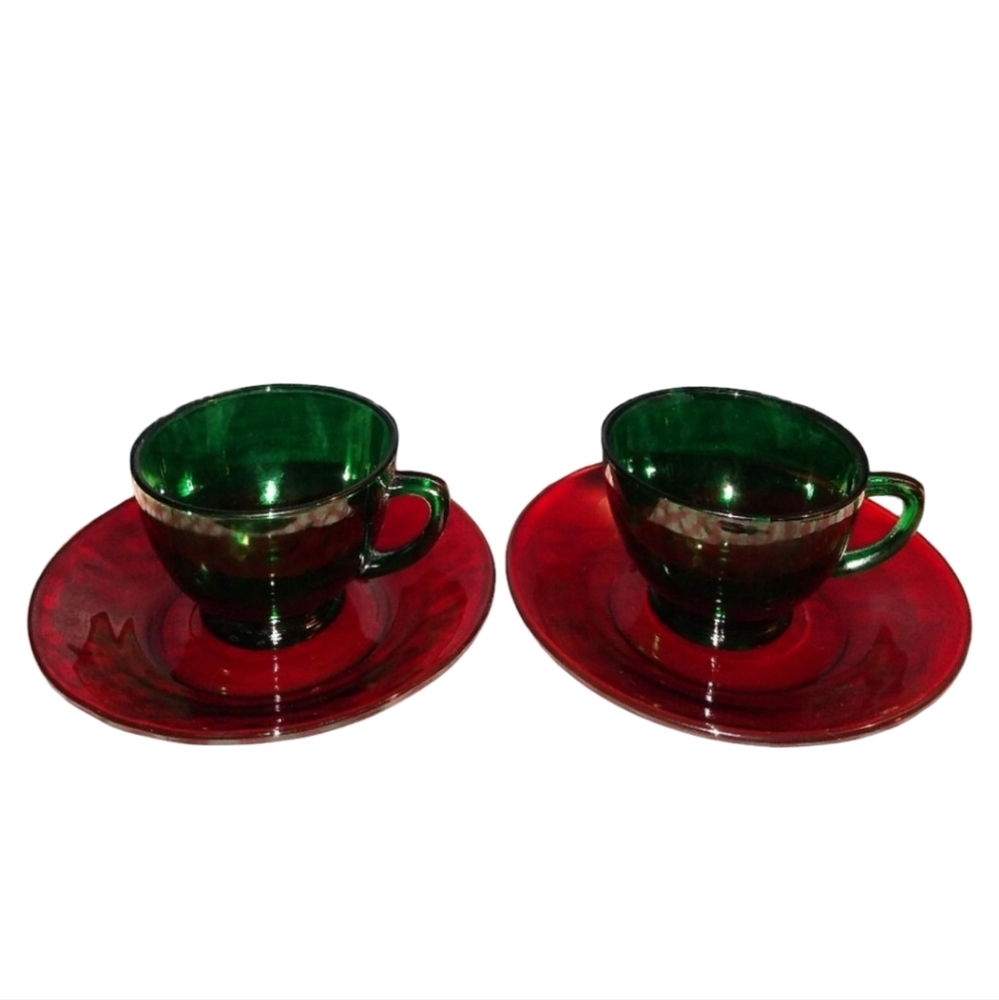Vintage Cups Saucers Set Ruby Red Emerald Green Glass Christmas Cafe Cafecore